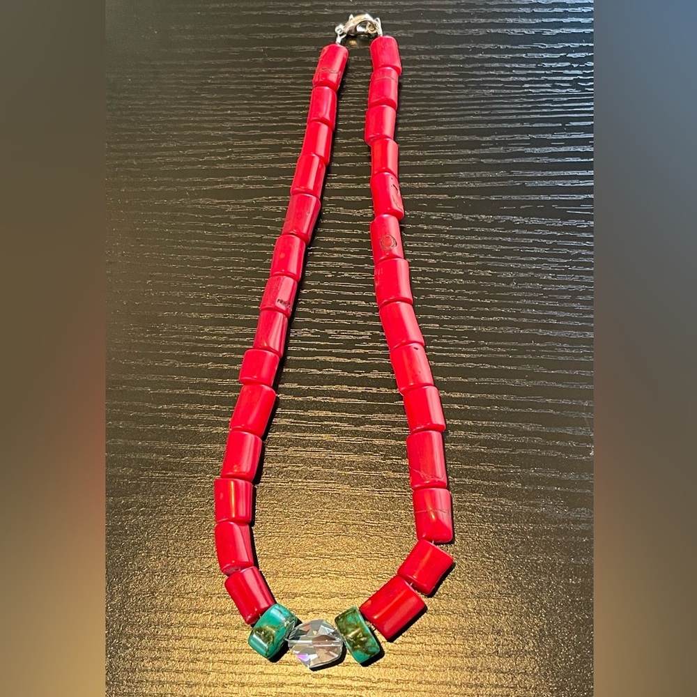 Bamboo Coral Dyed Red w/ 2 Turquoise Beads & Swarovski Crystal Focal Bead
